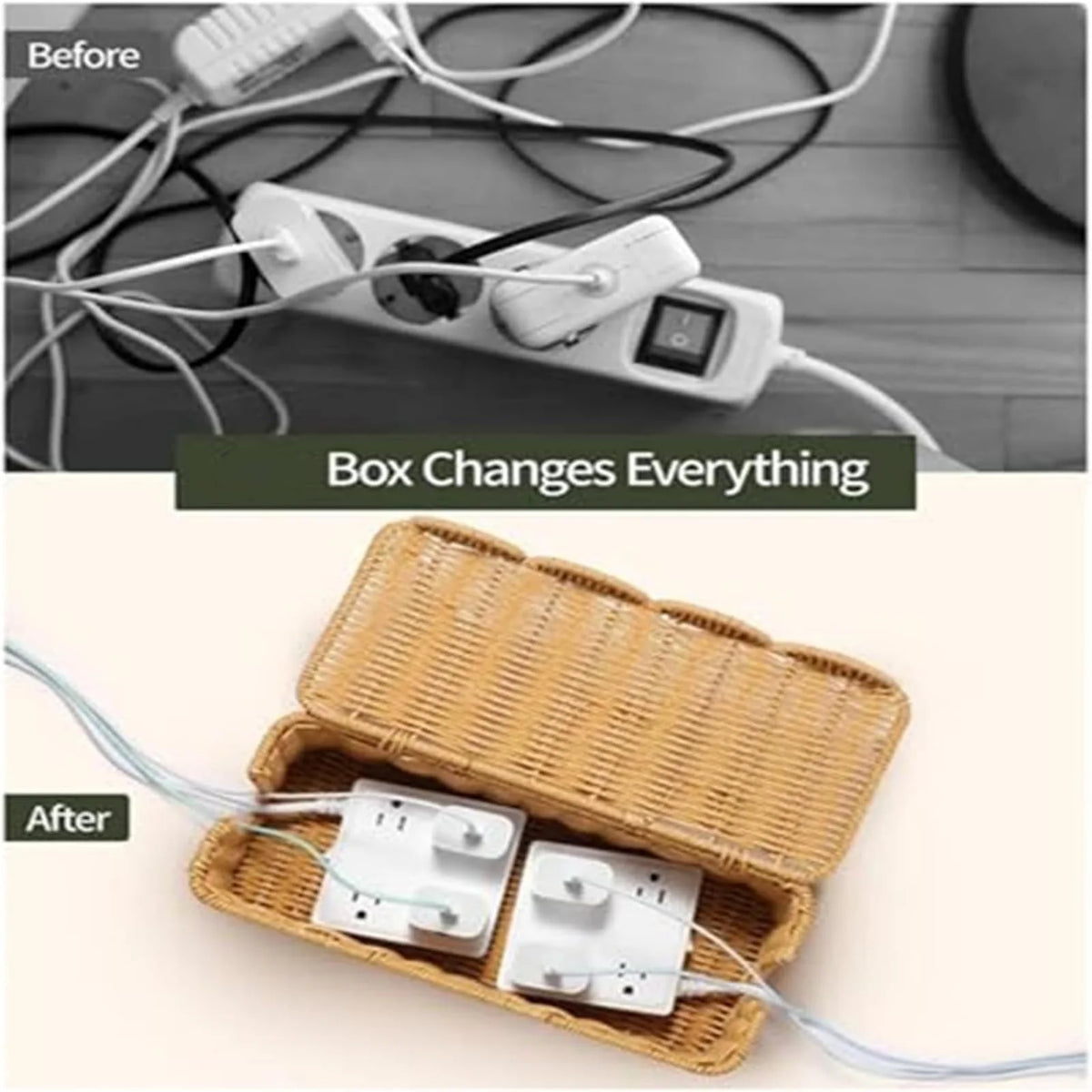 Cable Management Box, Handwoven Rattan Cord Organizer – image 5