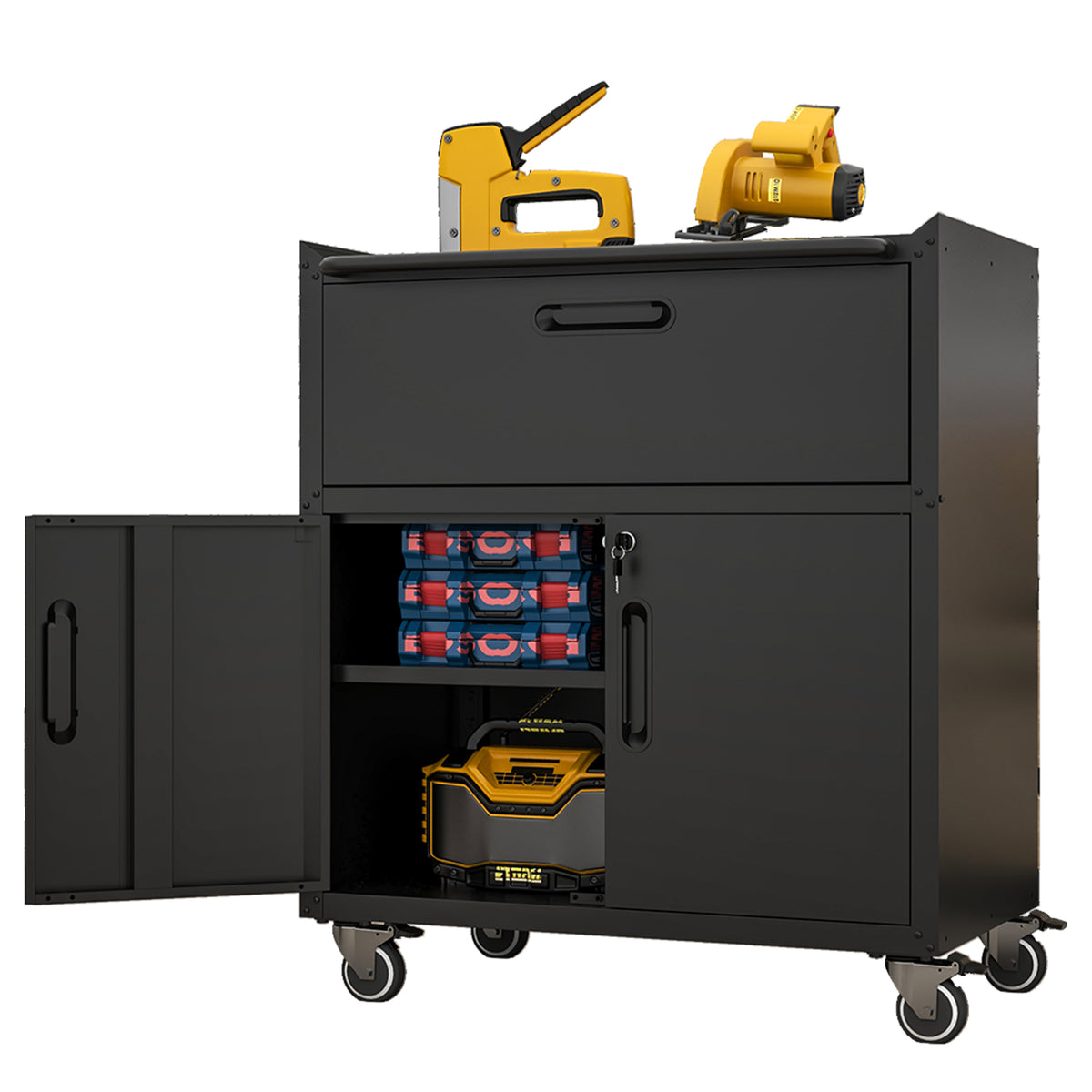 Mobile Metal Garage Cabinet with Drawer and 2 Locking Doors – image 1