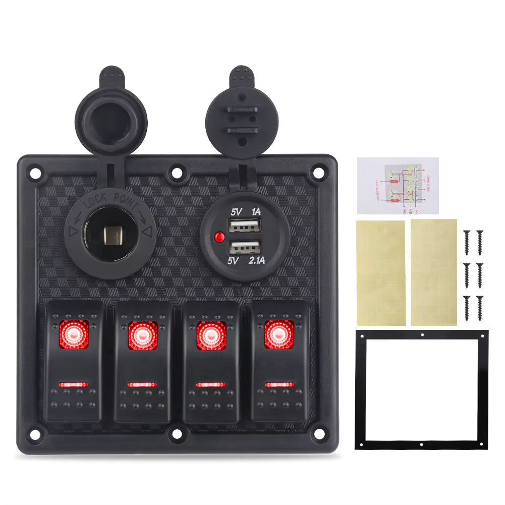 Rocker Switch Panel 4 Gang with Dual USB, 12V Waterproof Marine Panel