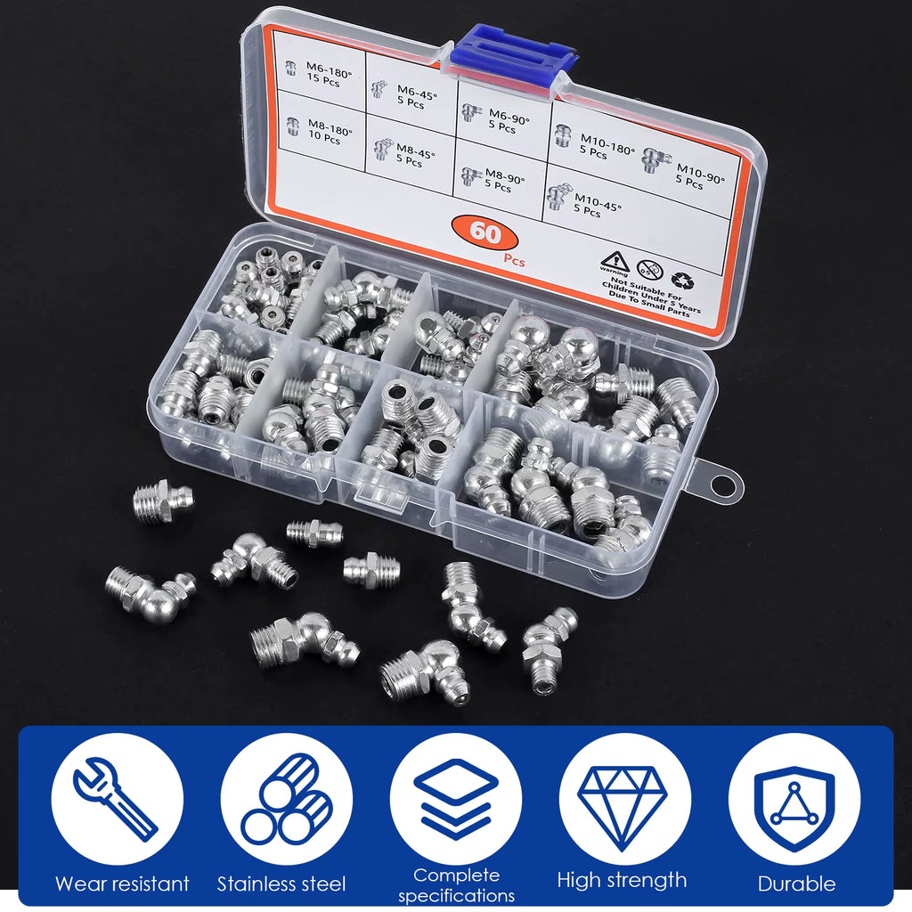 Farm Grease Fitting Kit, Metric Zerk Assortment for Tractors
