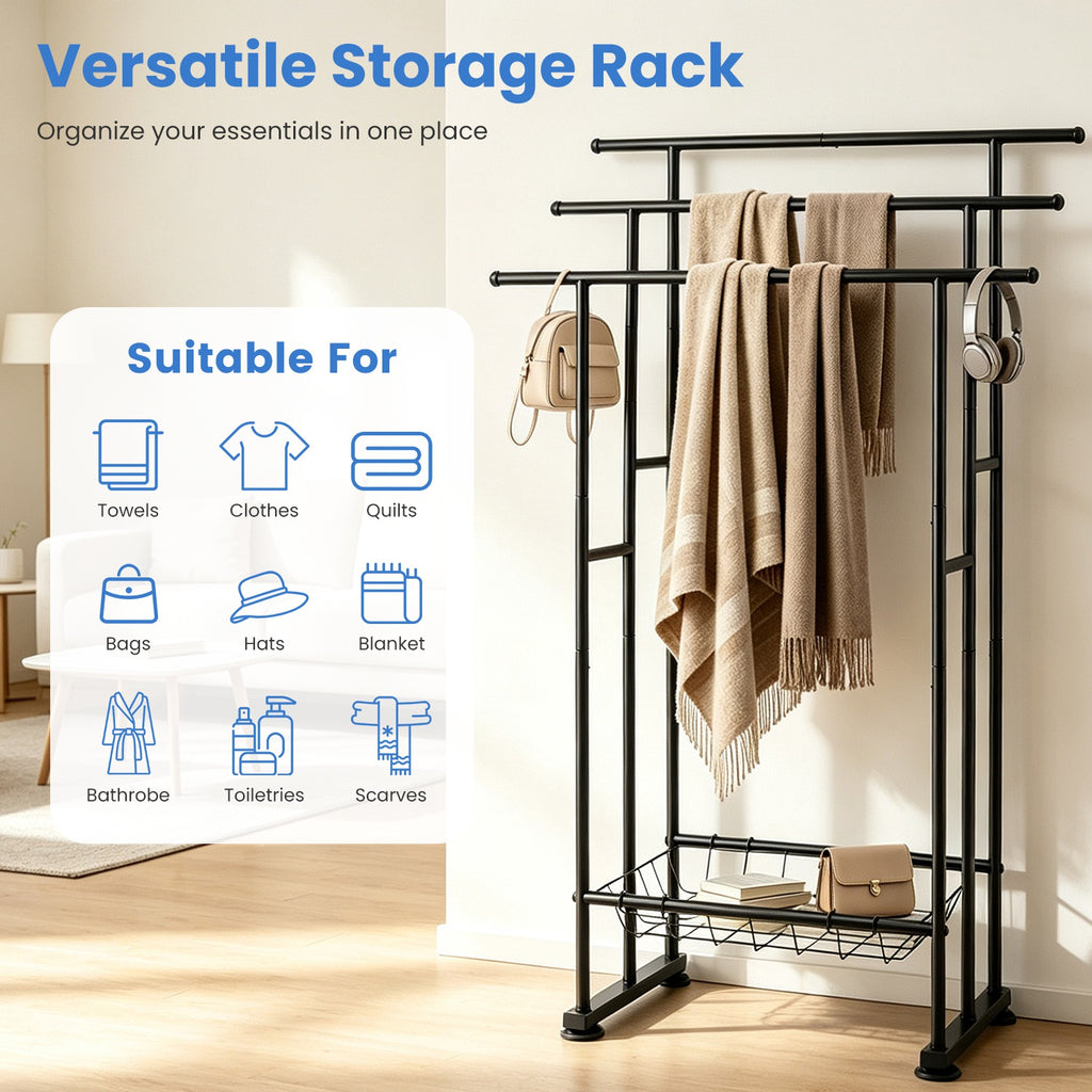3-Tier Freestanding Towel Rack with Storage Basket, Black – image 11