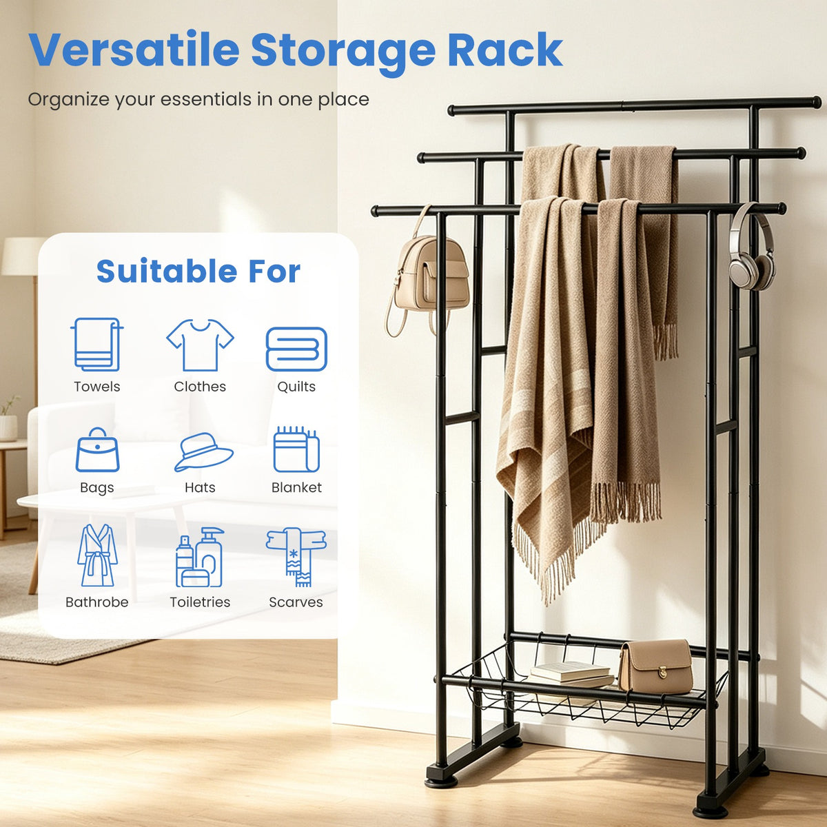3-Tier Freestanding Towel Rack with Storage Basket, Black – image 11