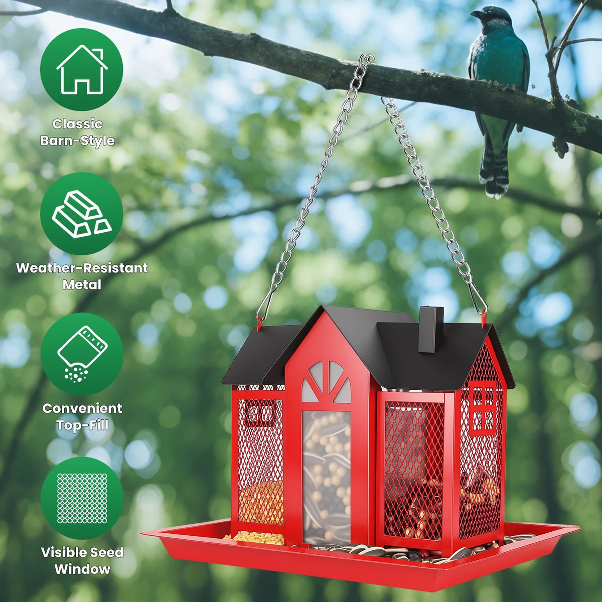 Metal Bird Feeder - Hanging Barn House with Lift-Top Lid – image 7