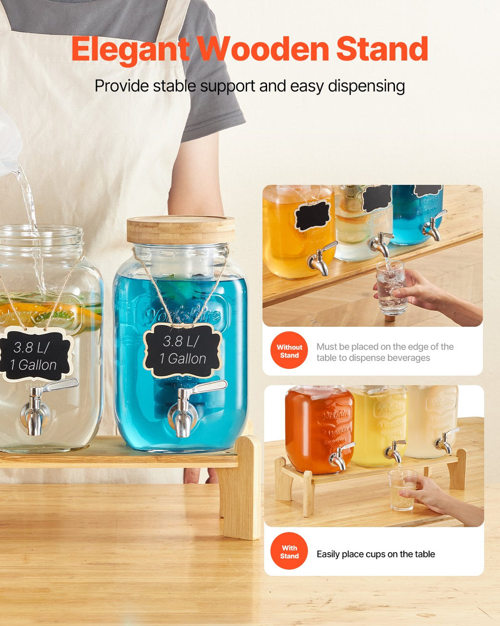 Triple Glass Drink Dispenser Set With Wood Stand, 3 x 1 Gallon – image 5