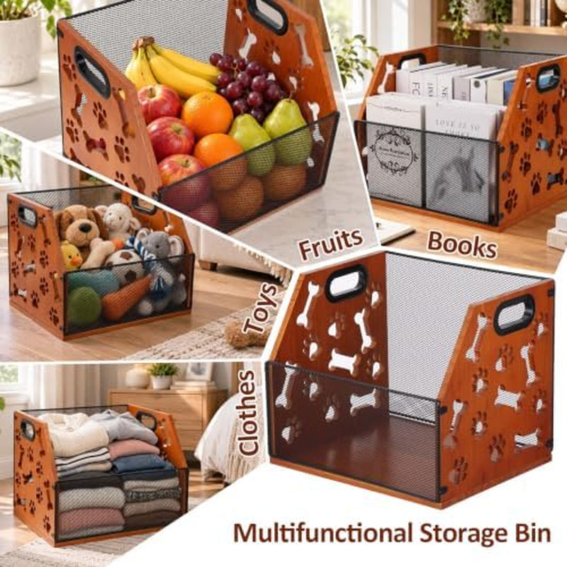 Dog Toy Basket, Wood and Metal Mesh Pet Toy Storage Bin – image 5