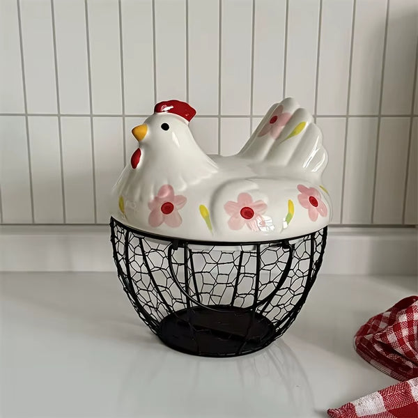 Ceramic Egg Basket, Farmhouse Hen-Shaped Egg Holder with Lid