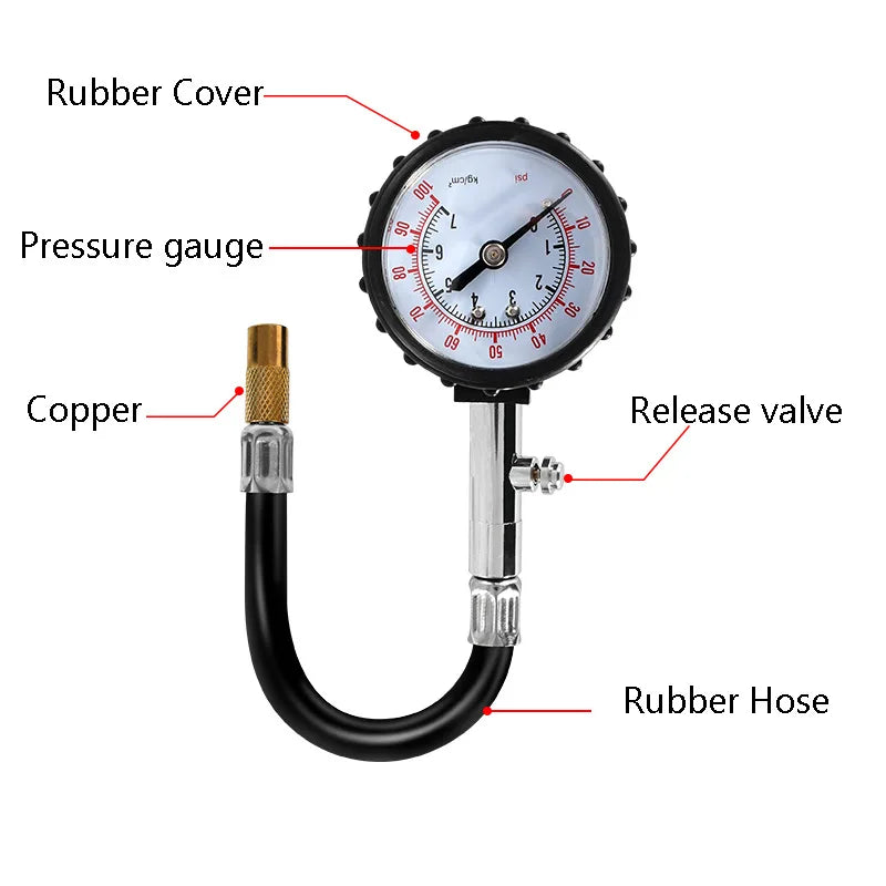 Tire Pressure Gauge 0–100 PSI – Dial Gauge with Hose