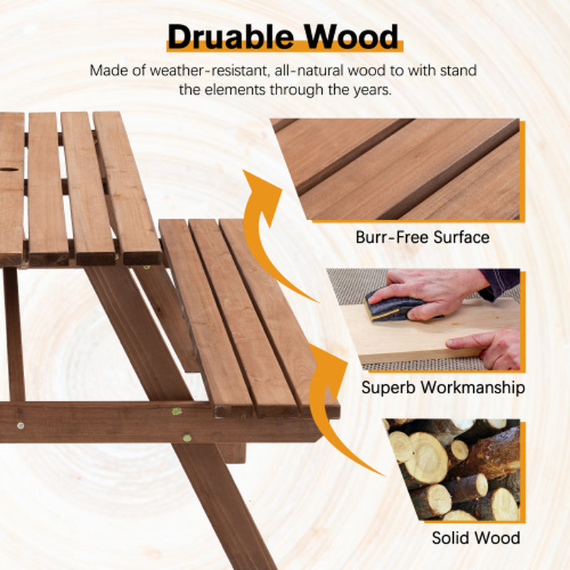 Wooden Picnic Table 75 in with 2 Built-In Benches, Umbrella Hole – image 5