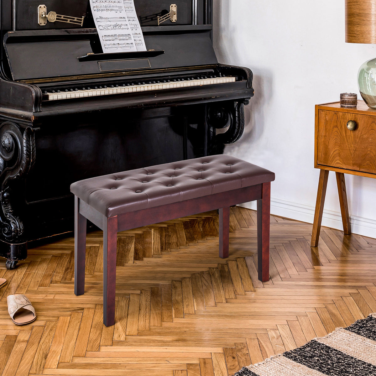 Tufted Duet Piano Bench with Storage, Faux Leather Seat, Brown – image 2