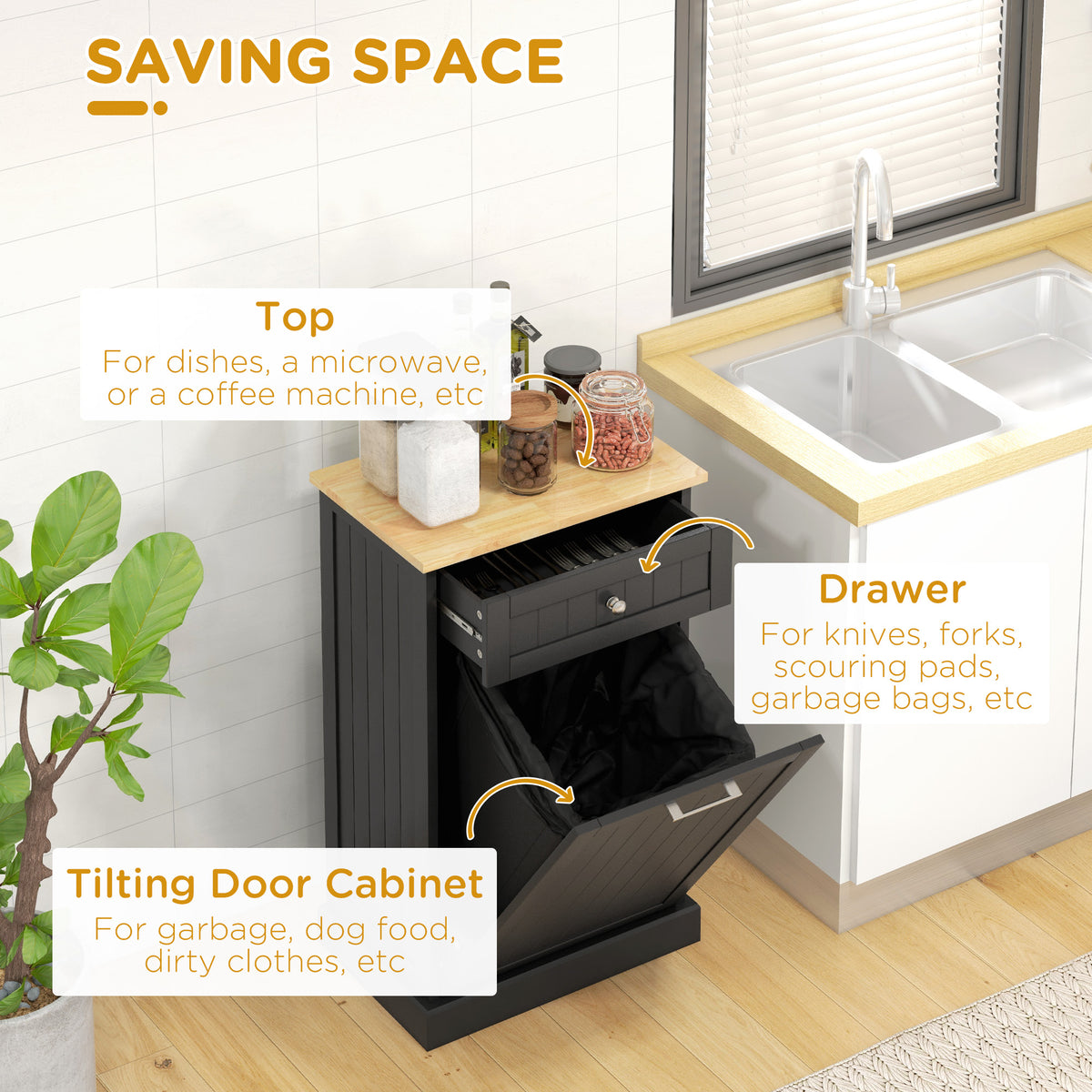 Tilt Out Trash Cabinet, 10 Gallon Hidden Trash Can with Drawer, Black – image 5