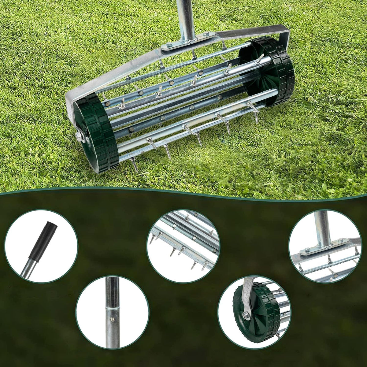 Rolling Lawn Aerator with Rotary Spike Drum and 3-Piece Steel Handle – image 3