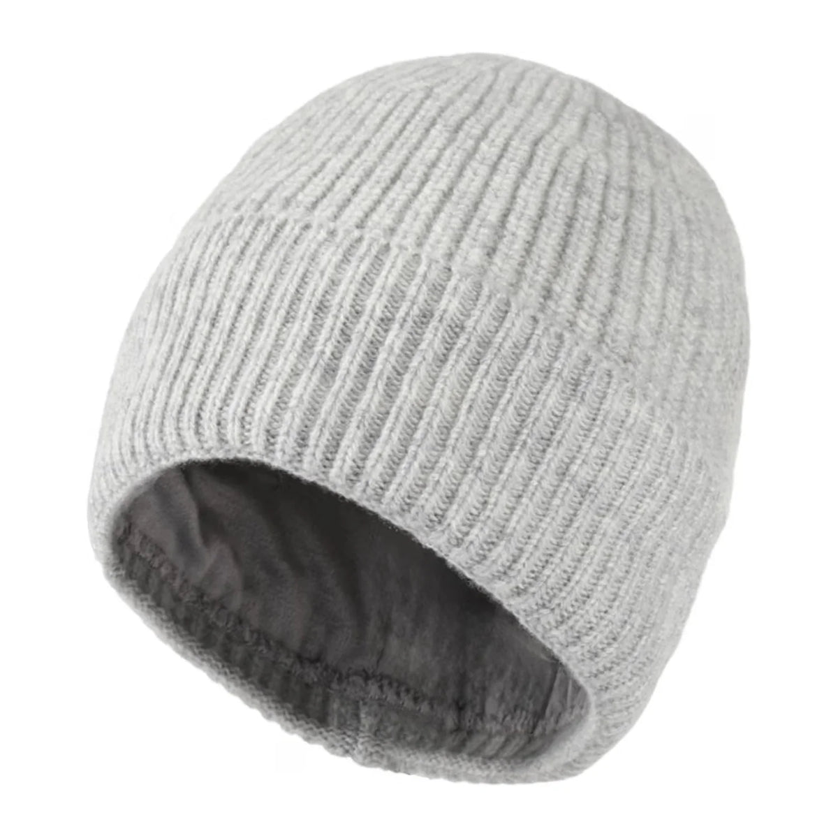 Knit Beanie – Fleece-Lined Winter Hat, Light Grey