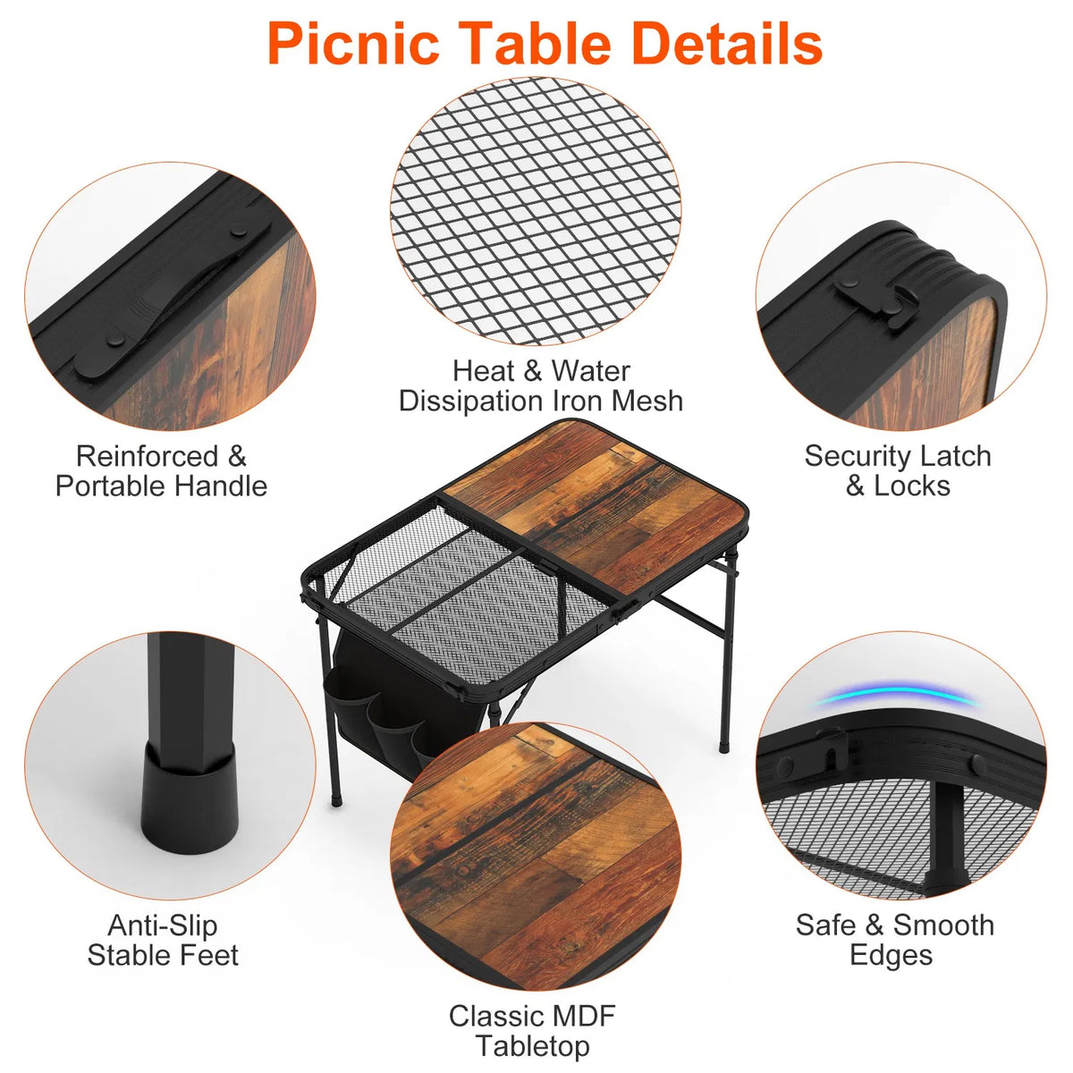 Folding Camping Table 35 x 24 in, Adjustable Height with Storage Net – image 10