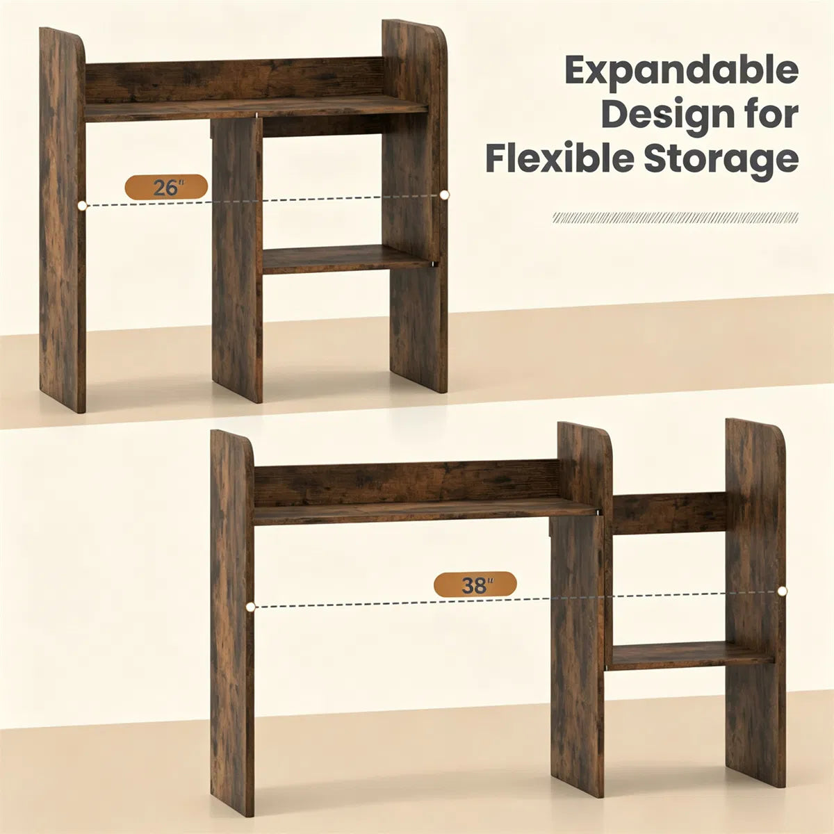 Expandable Desktop Hutch Shelf 26-38 Inch, Rustic Brown Desk Organizer – image 10
