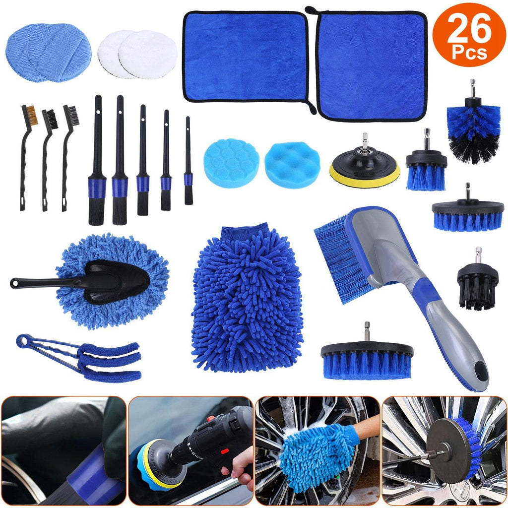 Car Detailing Brush Kit 26 Pcs with Drill Brushes and Polishing Pads