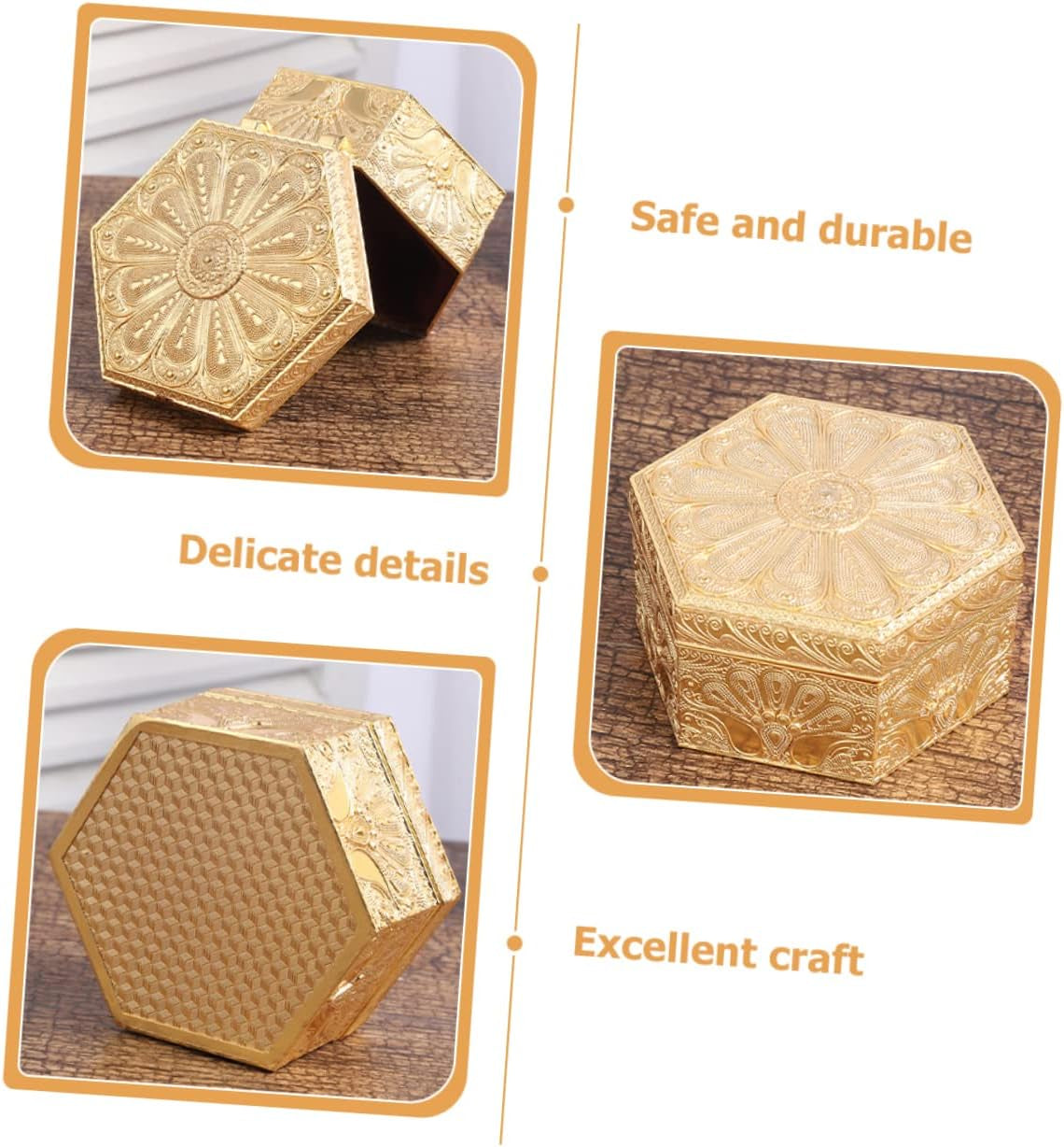 Hexagon Jewelry Box – Vintage Gold Zinc Alloy Trinket Case – image 2