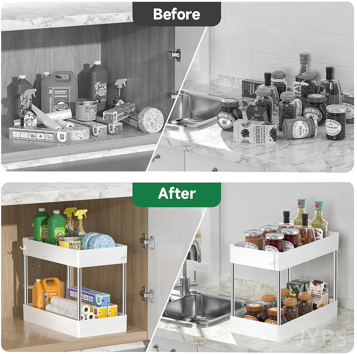 Under Sink Organizer 2-Tier - Cabinet Storage Rack with Hooks – image 5