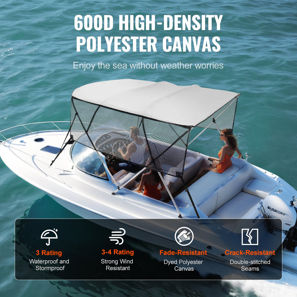 4 Bow Bimini Top Boat Cover, Detachable Mesh Sidewalls, 600D Polyester Canopy with 1" Aluminum Alloy Frame, Includes Storage Boot, 2 Straps, 2 Support Poles, 8'L X 54"H X 91"-96"W, Light Grey