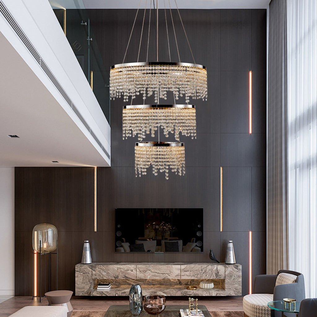 24 Inch round LED Crystal Chandelier, 3-Color Temperature, Chrome