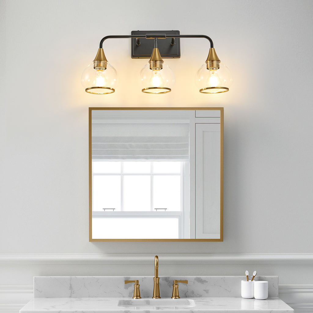 23 Inch 3-Light Black and Gold Vanity Sconce with Clear Glass Shades – image 2