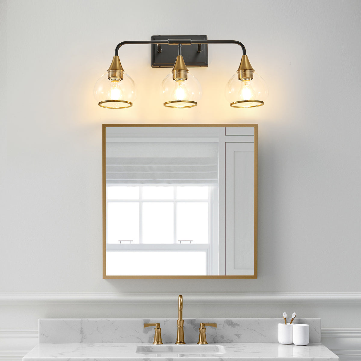 23 Inch 3-Light Black and Gold Vanity Sconce with Clear Glass Shades – image 2