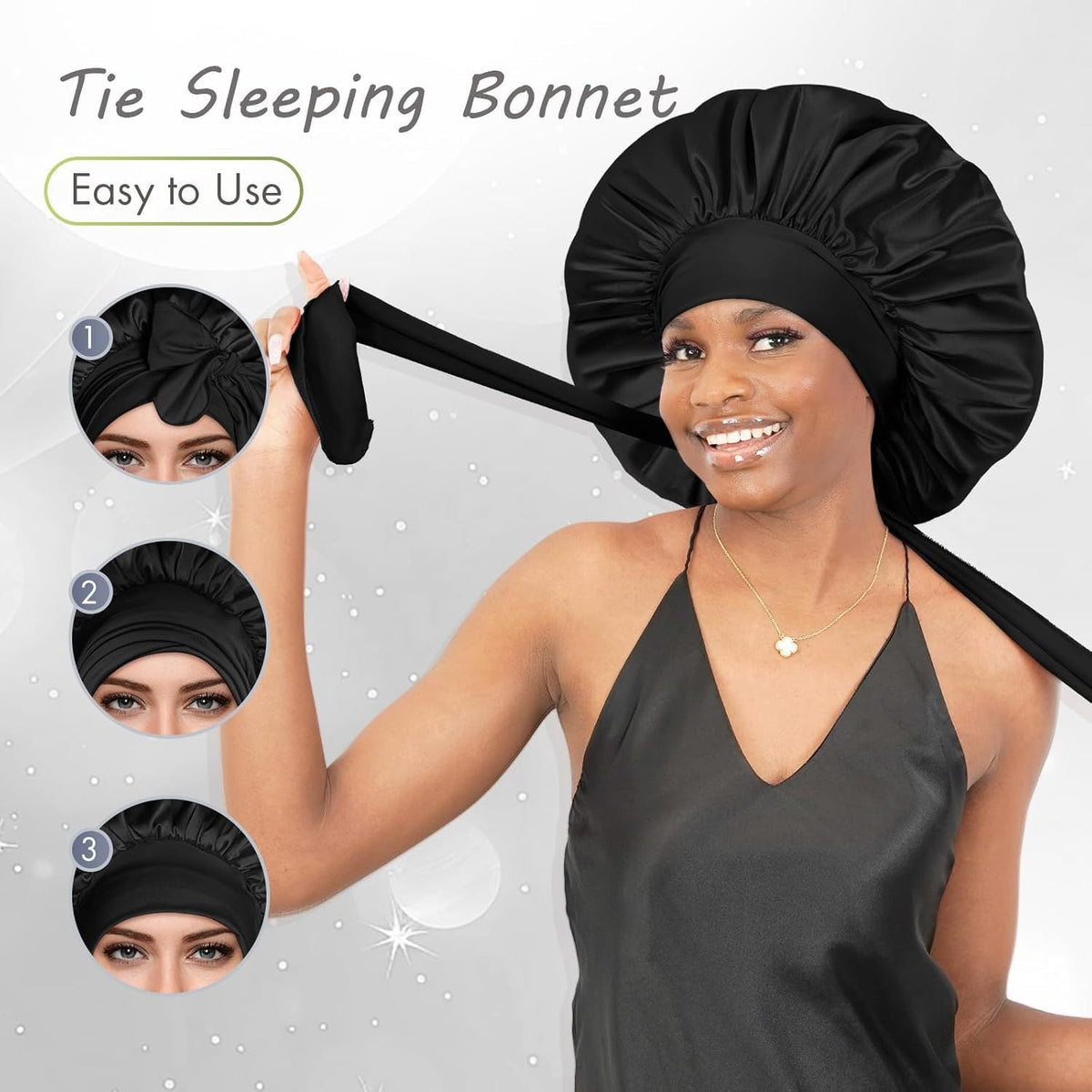 Satin Hair Bonnet with Bow Tie Wide Elastic Band Sleep Cap – image 4