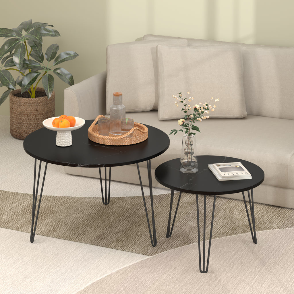 Round Nesting Coffee Tables Set of 2, Faux Marble Top, Black – image 3