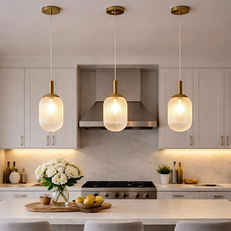 Ribbed Glass Capsule Pendant Light, Bronze Mid-Century Fixture