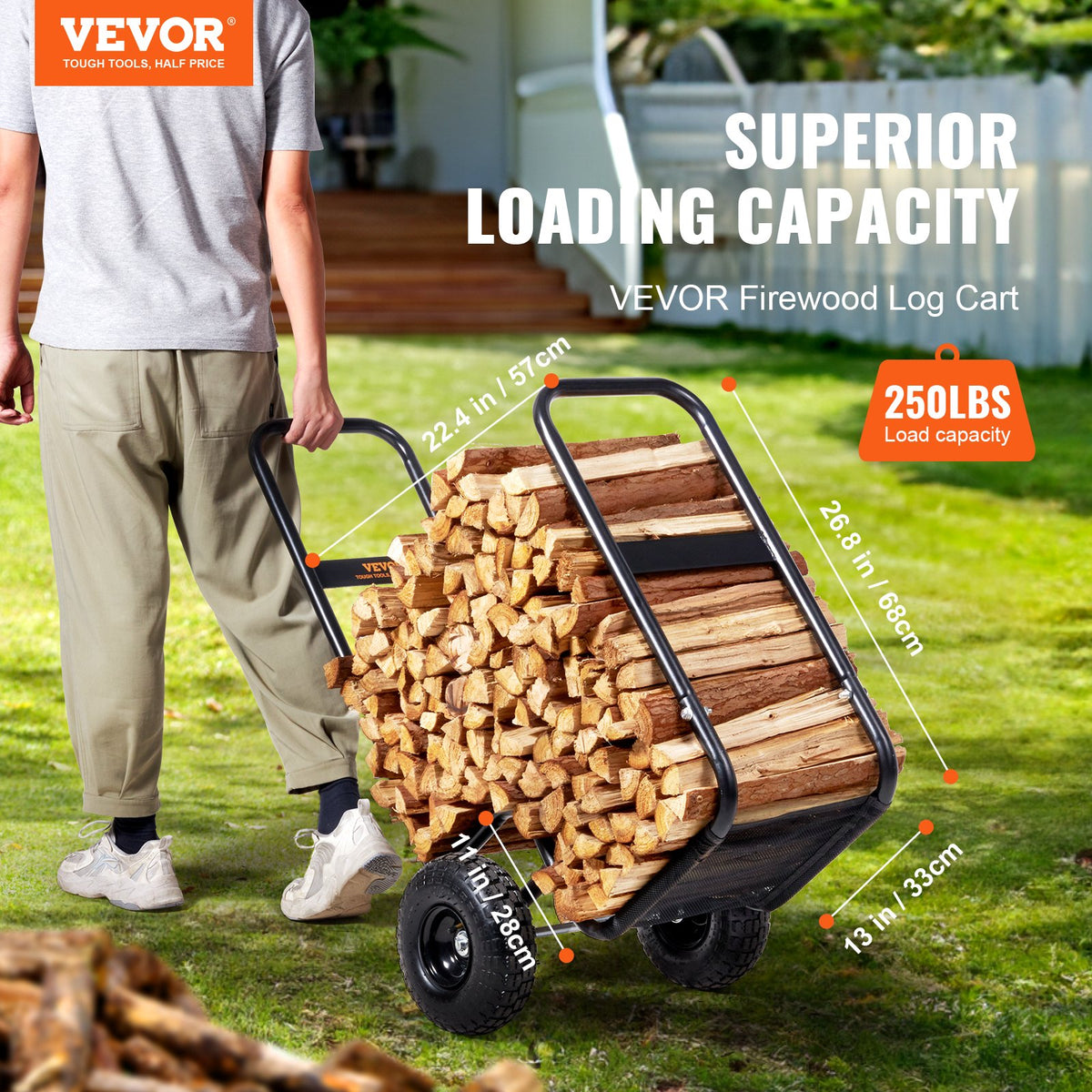 Firewood Log Cart with Rubber Wheels, 250 lb Steel Wood Hauler – image 3