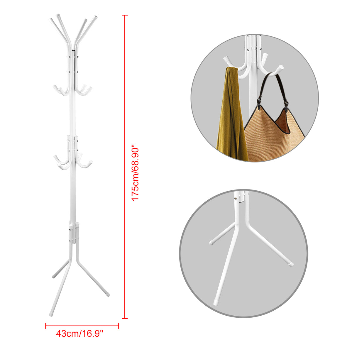 Standing Coat Rack, 8-Hook Metal Hat and Bag Tree, 3 Tiers – image 8