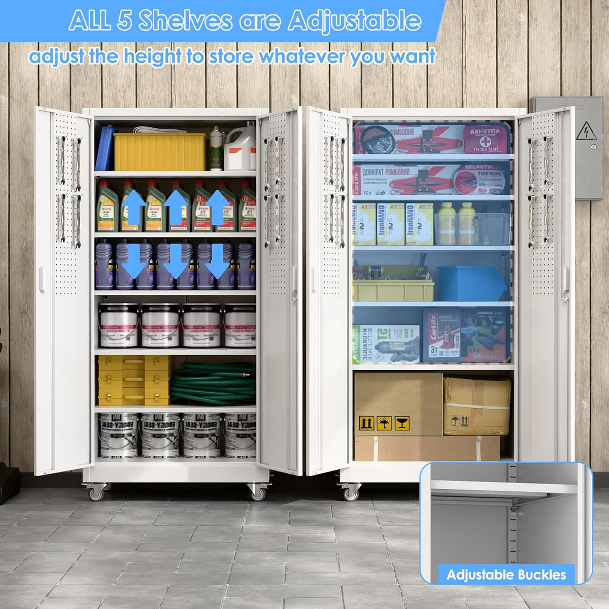 Garage Storage Cabinet Locking Metal with Wheels, Pegboard Doors – image 5