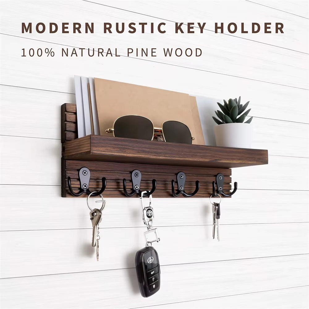 Key Holder with Mail Organizer – Wooden Wall Rack, 4 Hooks – image 4