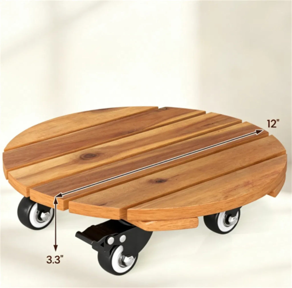 Rolling Plant Caddy Set of 2, 12 in Acacia Wood Pot Mover with Wheels – image 6