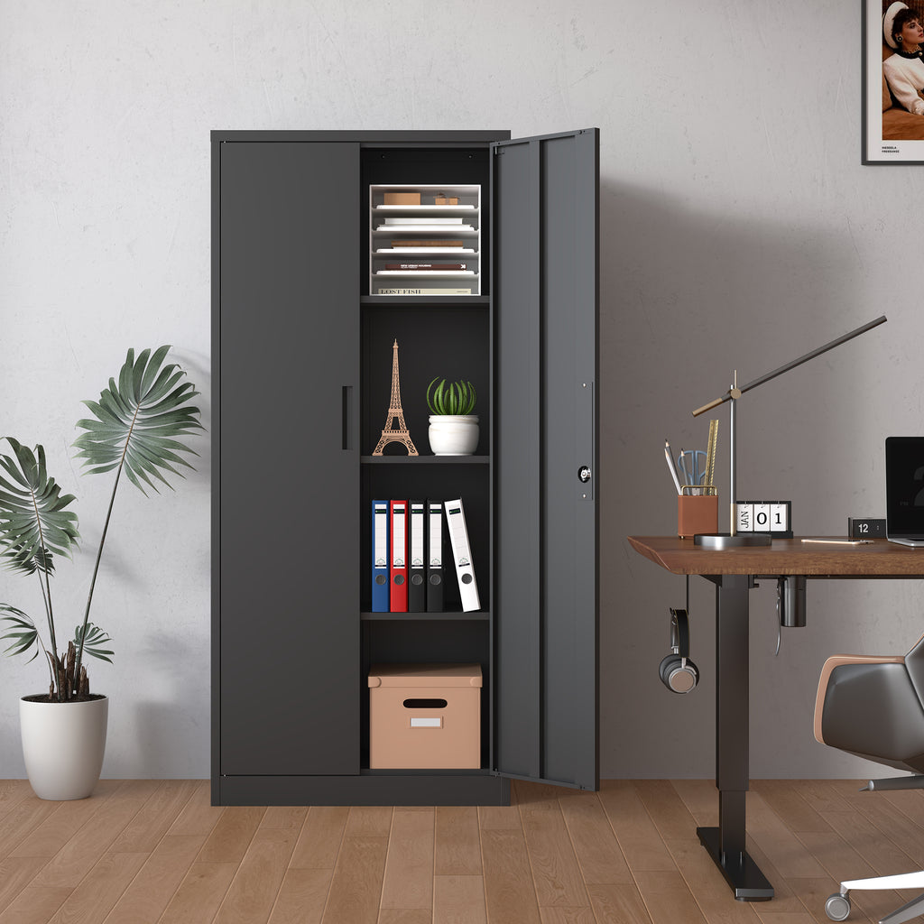 Metal Garage Cabinet 71 in Tall Locking Steel, 3 Shelves, Black