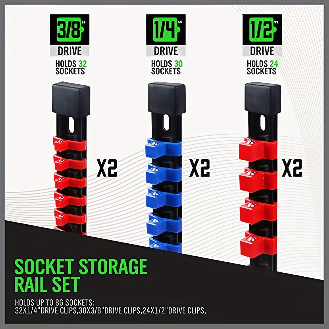 Socket Organizer Rails – 6 Pc 1/4, 3/8, 1/2 in Clip Set – image 3