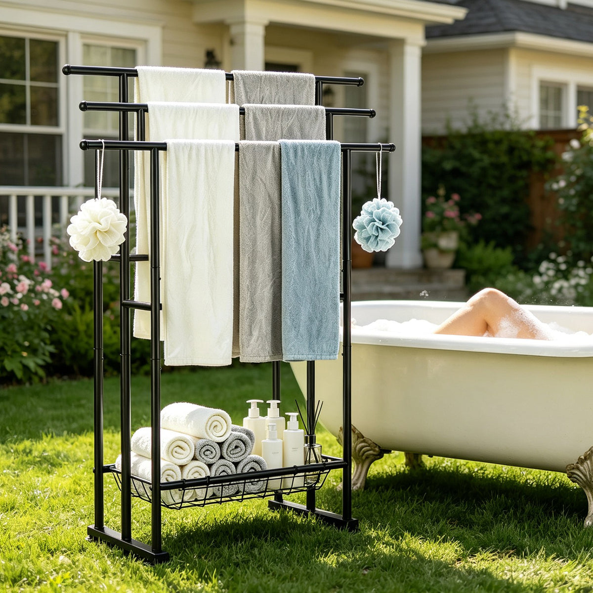 3-Tier Freestanding Towel Rack with Storage Basket, Black – image 10