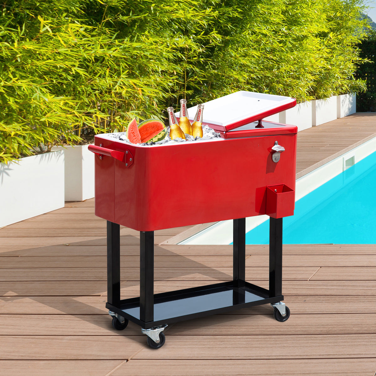 Rolling Cooler Cart 80 Qt, Stand-Up Ice Chest on Wheels, Red – image 2