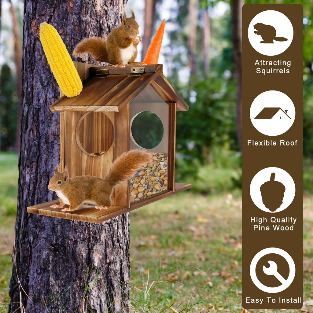 Wooden Squirrel Feeder House with Roof, Large Capacity Feeding Station – image 6