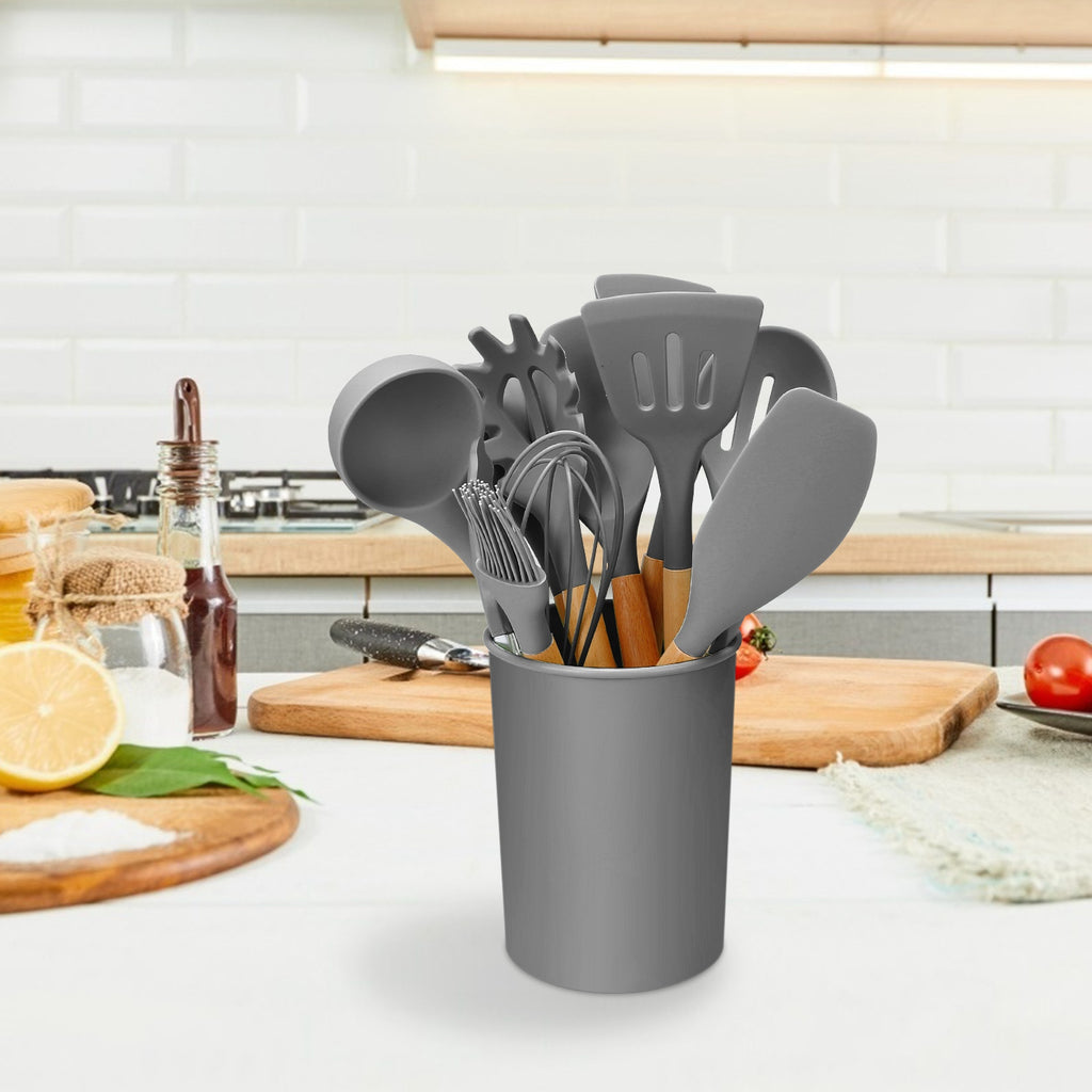11-Piece Silicone Cooking Utensil Set with Wood Handles and Holder – image 13