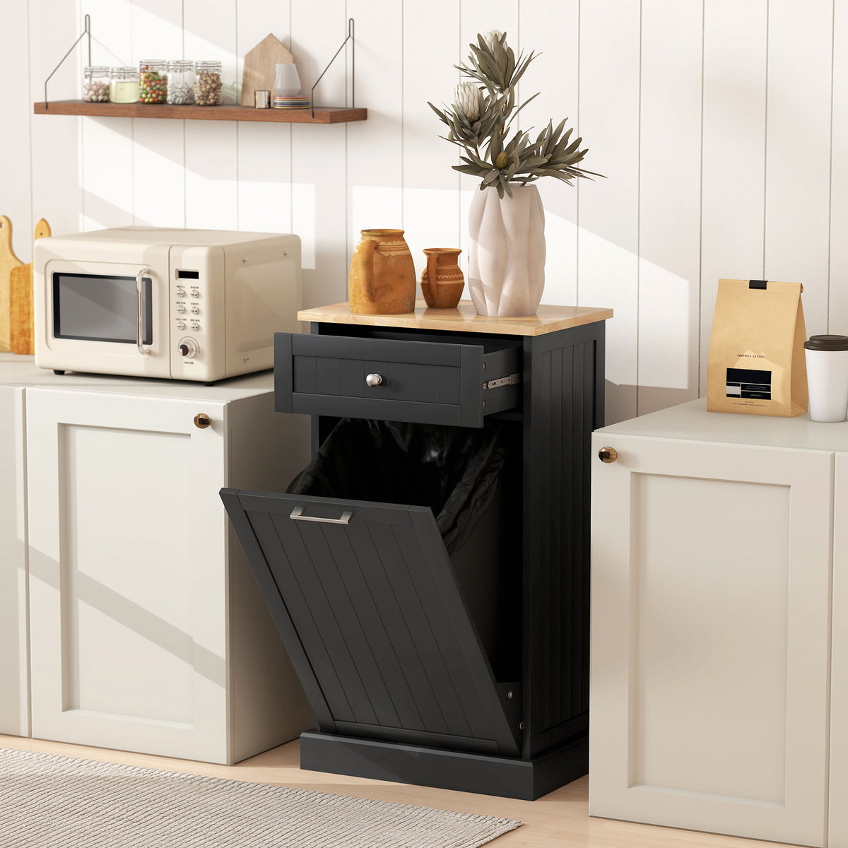 Tilt Out Trash Cabinet, 10 Gallon Hidden Trash Can with Drawer, Black – image 8