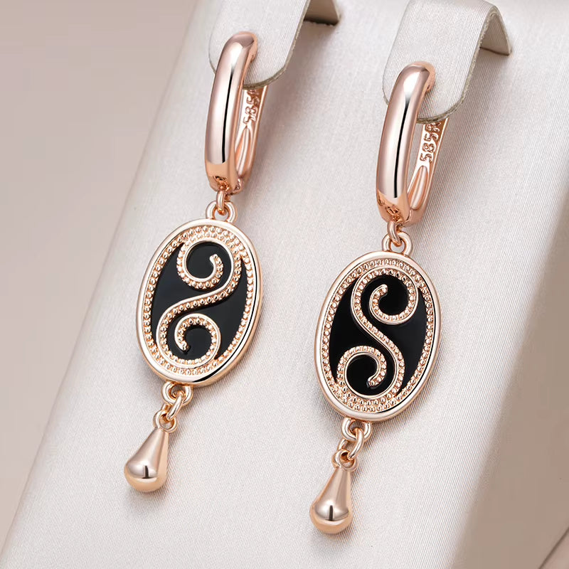 Vintage Black Stone Dangle Earrings - Rose Gold Tone