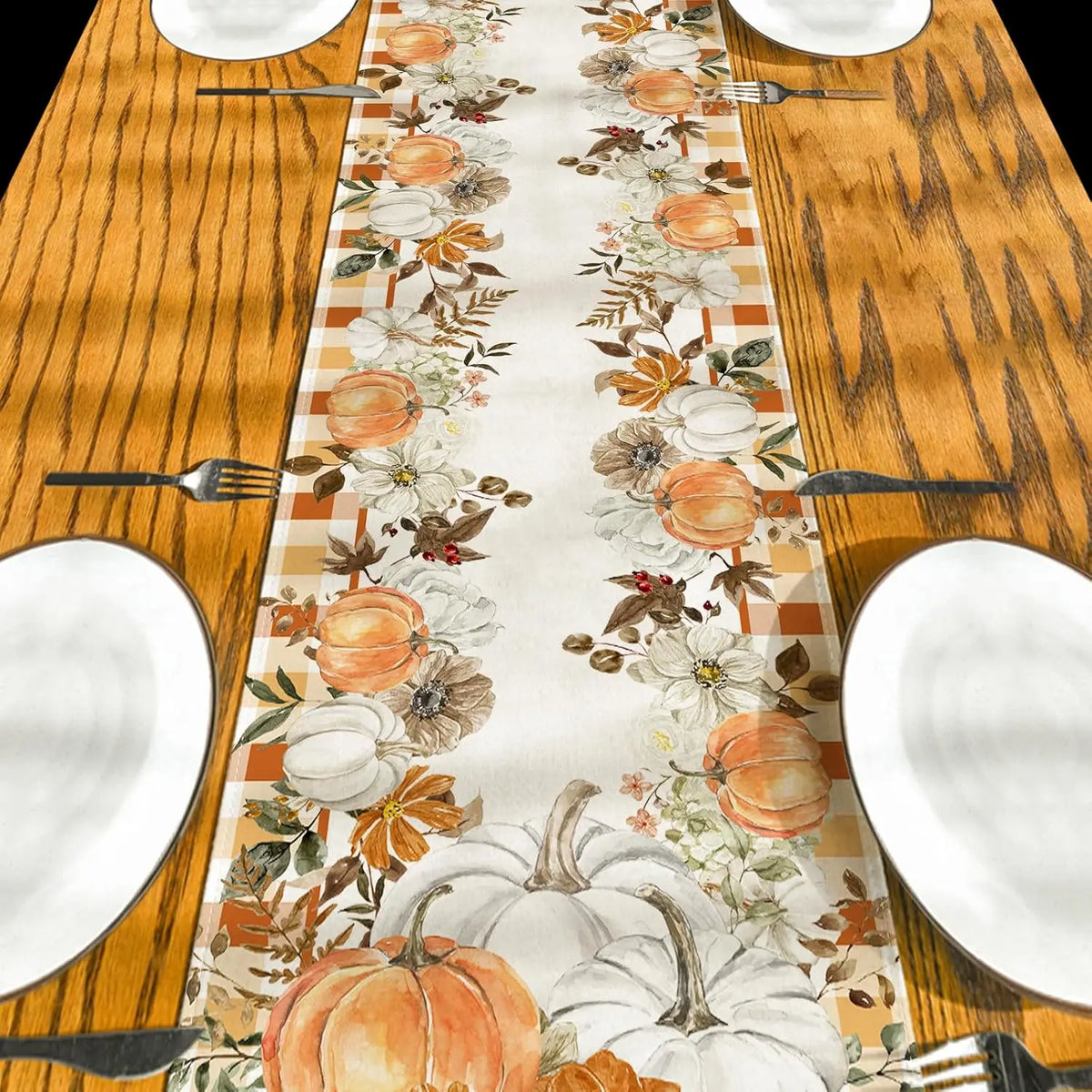 Fall Table Runner – Harvest Pumpkin and Maple Leaf Linen Runner – image 3
