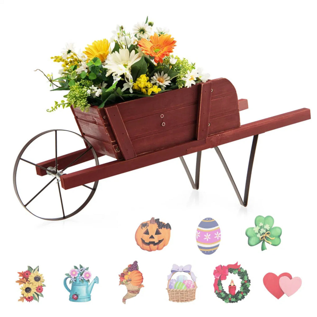 Wooden Wheelbarrow Planter with 9 Seasonal Magnetic Decorations – image 6