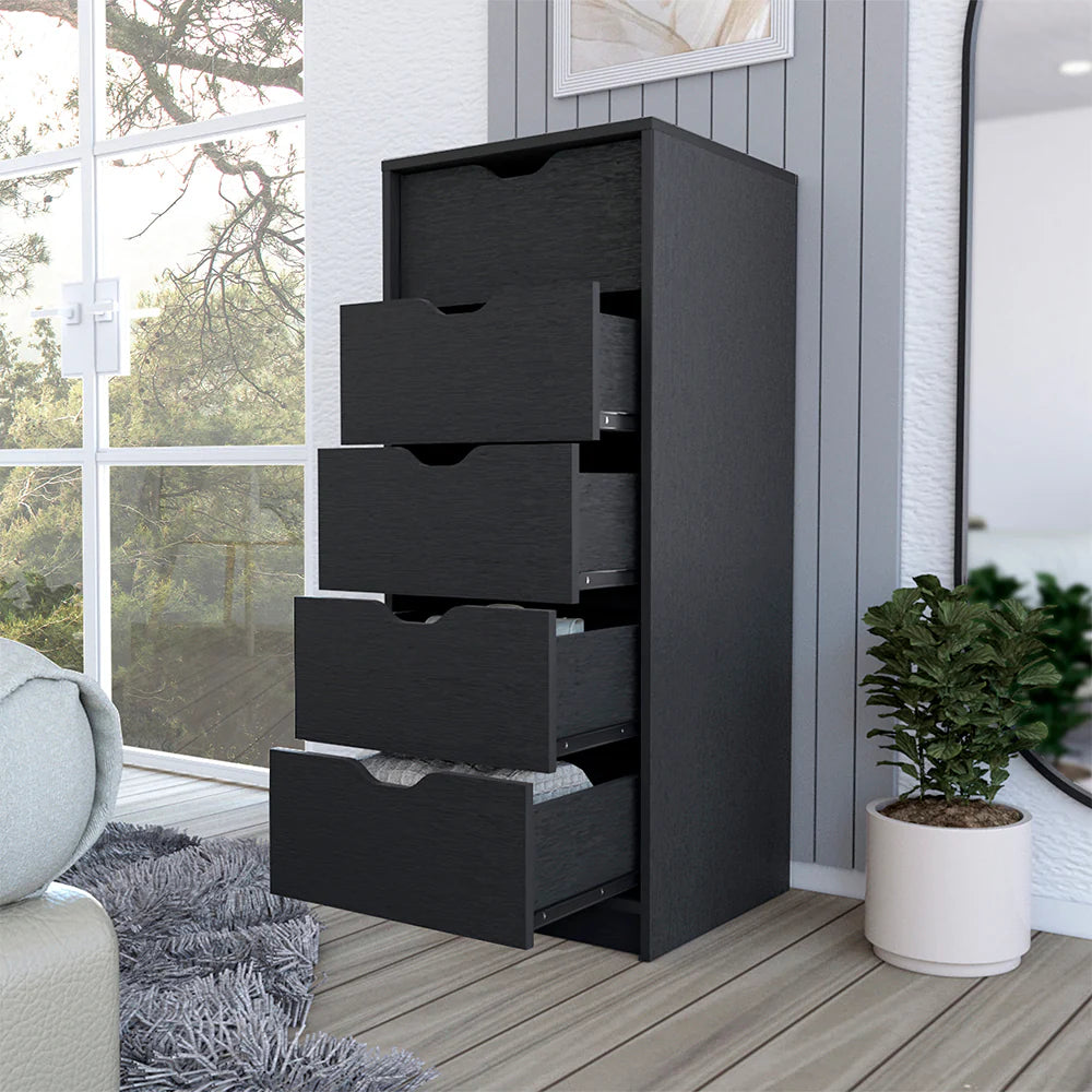Narrow 5-Drawer Dresser, Black Wood Finish Bedroom Storage Chest – image 2