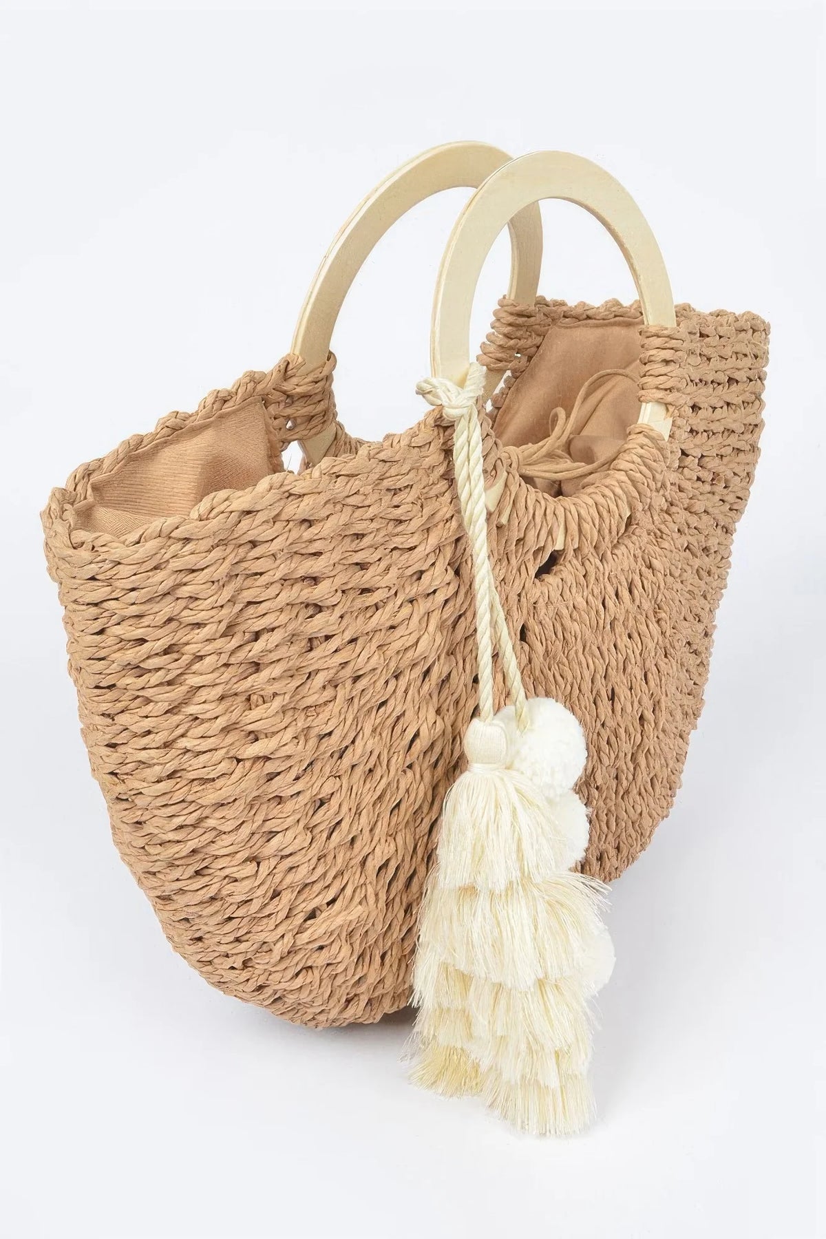 Woven Wood Handle Tote Bag with Tassels, Khaki – image 4