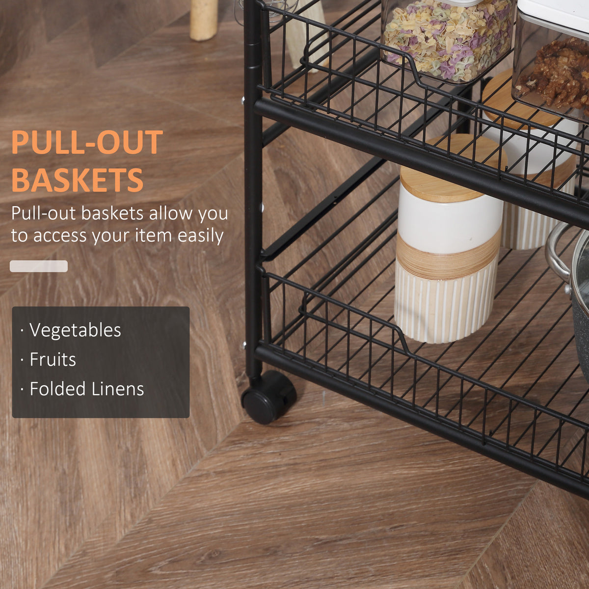 Rolling Kitchen Cart 3-Tier with Wire Baskets & Wheels – image 6