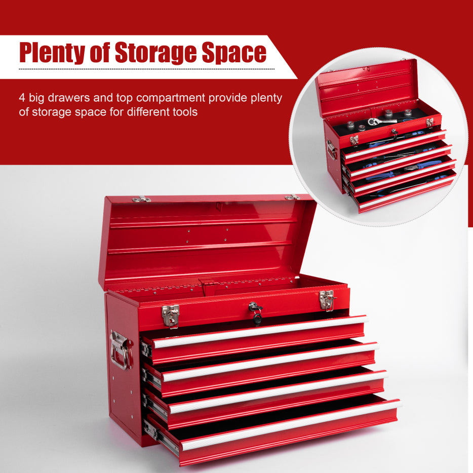 Metal Tool Box 21 in with 4 Drawers, Portable Locking Tool Chest, Red – image 3