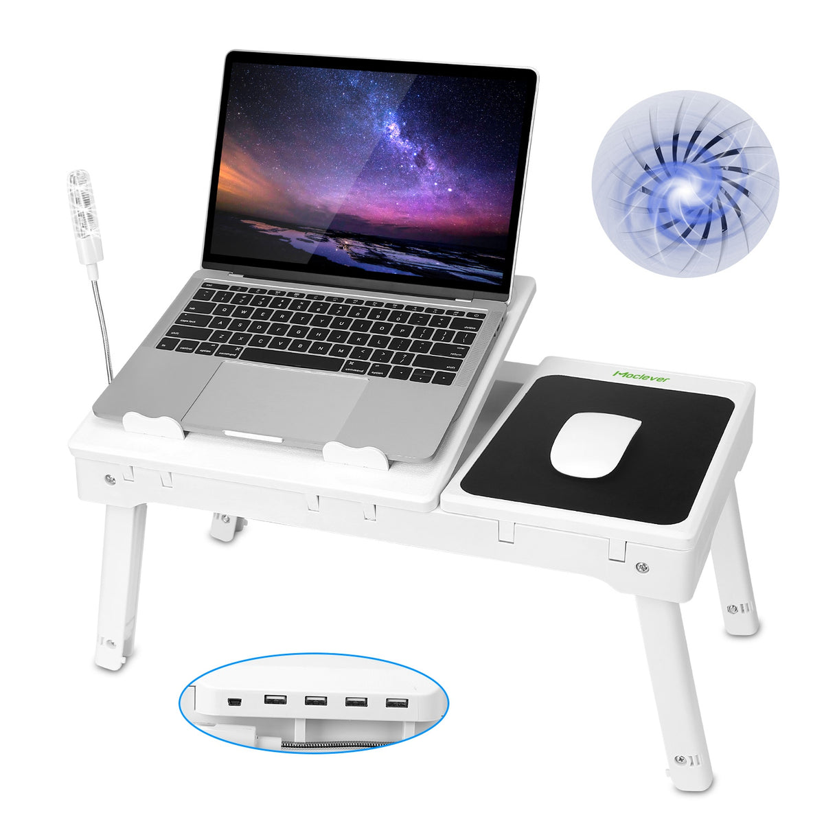 Foldable Laptop Bed Tray with Cooling Fan, LED Light and USB Ports
