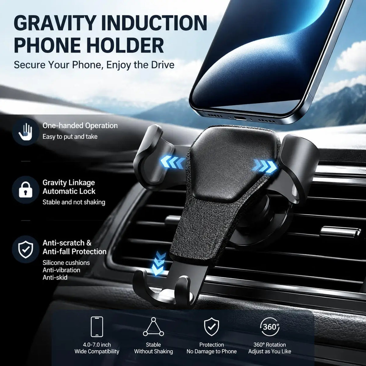 Car Phone Mount Air Vent Gravity Holder, One-Hand 360° Rotation