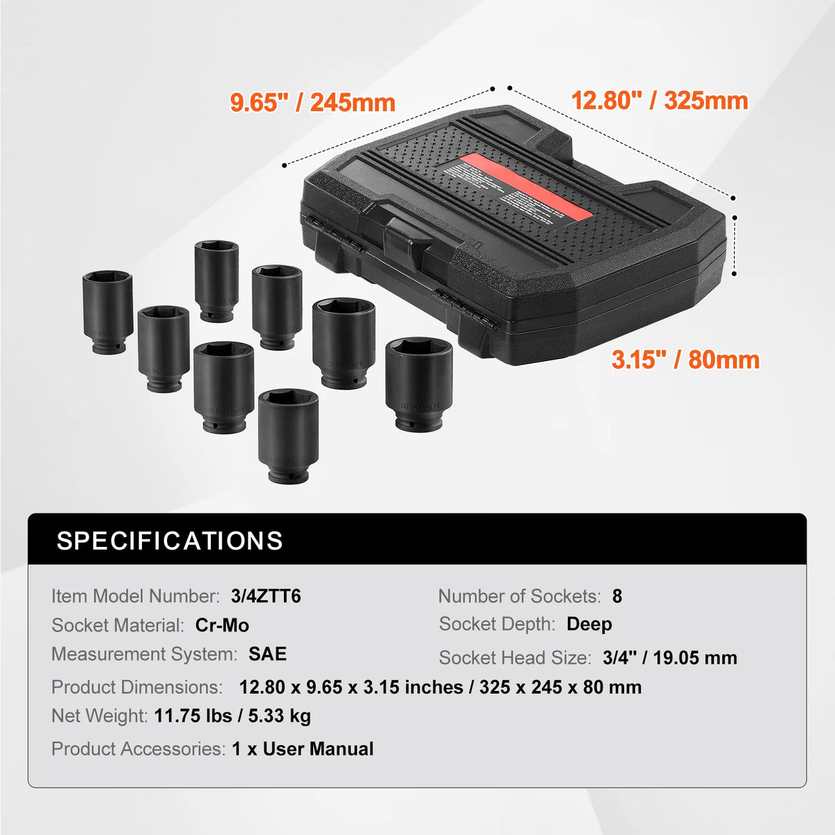 Axle Nut Socket Set, 8-Piece 3/4 in Drive Deep 6-Point SAE Sockets – image 7